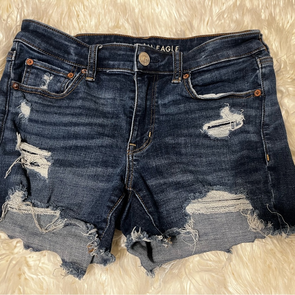 American Eagle Outfitters Distressed Denim Shorts - Dark Blue